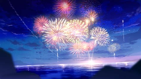 Wallpaper Anime Fireworks Cartoon Sea Foam Night Sky 3840x2160