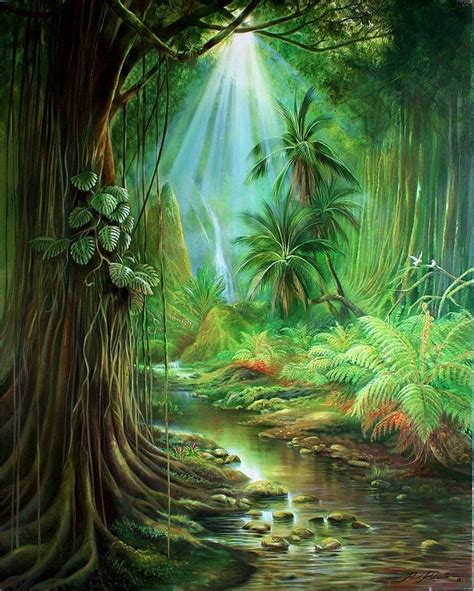 Enchanting Place Jungle Art Waterfall Paintings Landscape Paintings