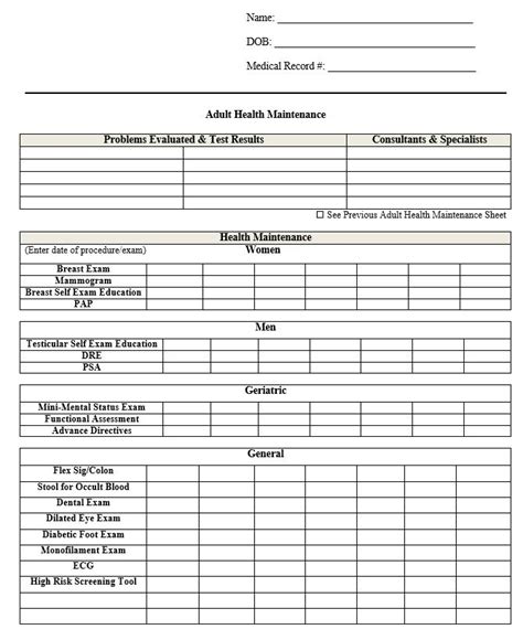 Free Adult Health Maintenance Form Pdf Template Form Download