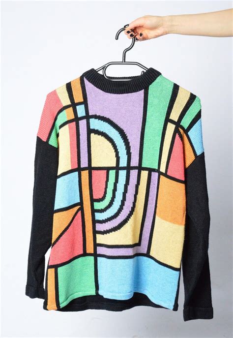 Vintage 80s Black Colourful Knit Jumper Colorblock Sweater Etsy