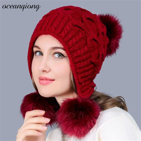 Winter Hat For Women Warm Knitted Rabbit Skullies Beanie Beanies Knit