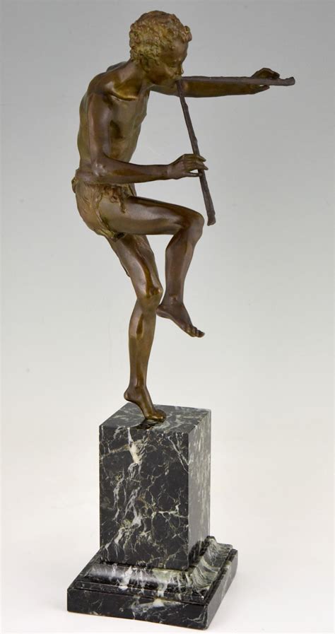 Edouard Drouot Art Deco Bronze Sculpture Dancing Satyr With Flutes