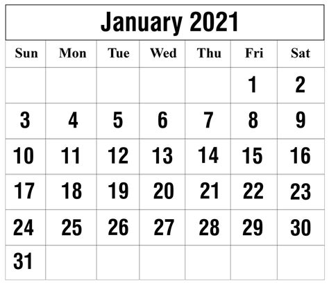 Free Printable January 2021 Calendar With Holidays Printable Blank