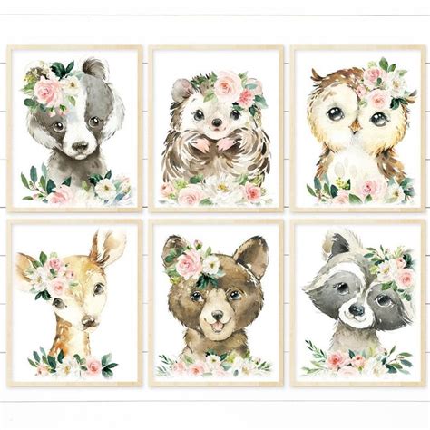 Printable Girl Woodland Nursery Floral Animal Wall Art