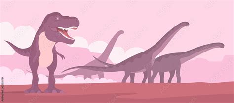 Stockvektorbilden Tyrannosaurus Rex Hunts A Herd Of Herbivorous