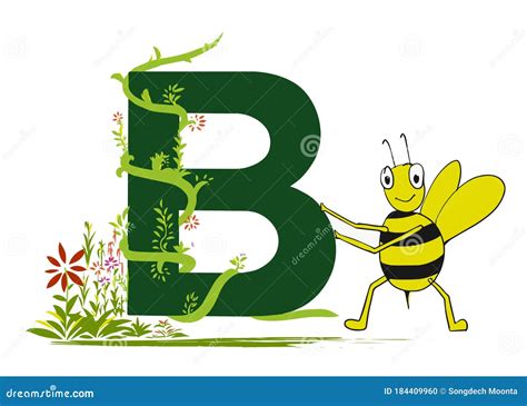 Letter B With Green Grass Vines And Cute Bee Stock Vector