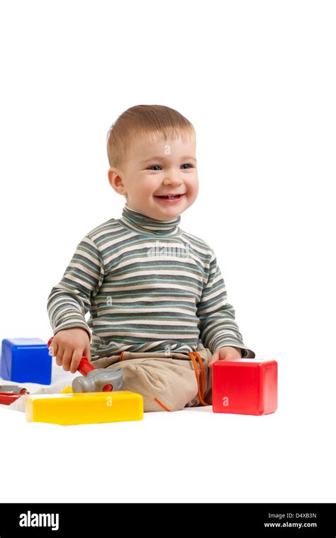 Little Boy With Tools And Building Blocks Stock Photo Alamy