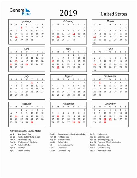 2019 United States Calendar With Holidays