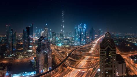 City Building Lights Night Dubai Burj Khalifa Hd Wallpaper