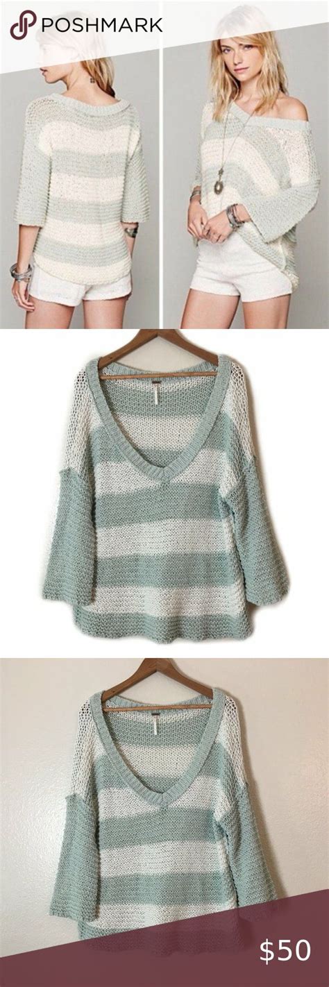 Free People Park Slope Mint Striped Chunky V Neck Cream Knit Sweater Sheer Sweater Mint Stripes