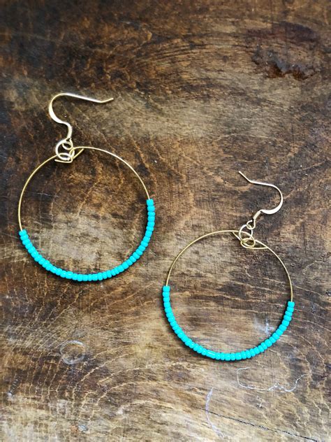 Turquoise Seed Beaded Hoop Earrings Bohemian Earrings Simple Light