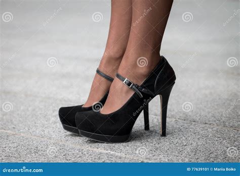 Woman Wearing A Pair Of Black Classic High Heels Stock Image Image Of