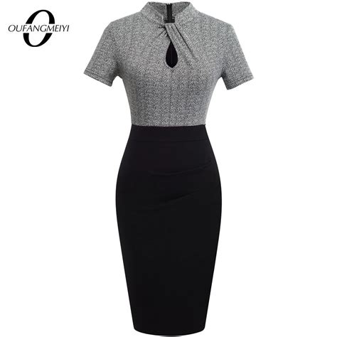 Elegant Work Office Business Drapped Contrasting Bodycon Slim Lady Women Sexy Front Key Hole