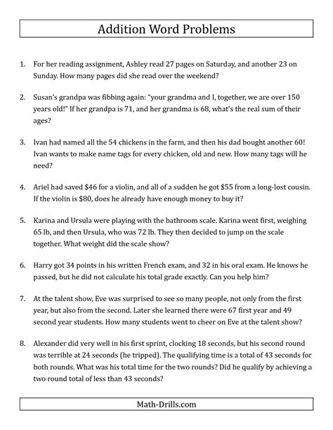 Addition Word Problems For Class 4