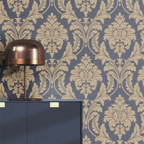 Blue And Gold Grand Damask Wallpaper Glam By Rasch 541649