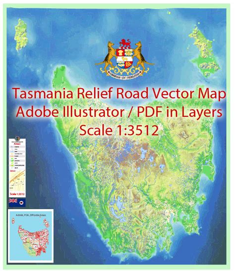 Tasmania Full Road Relief Pdf Map Vector Exact Island Plan Detailed