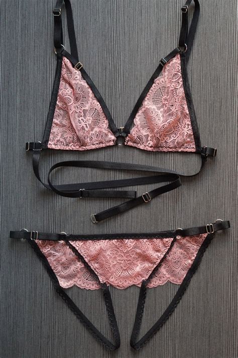 Marlena Pink Lingerie Set With Strappy Bralette And Ouvert Etsy