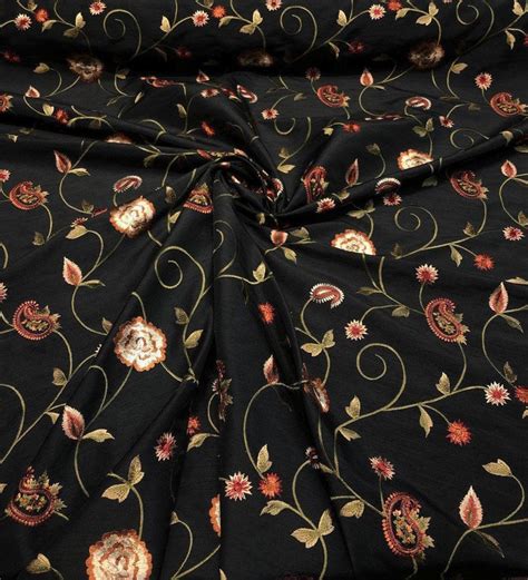 Limited time sale easy return. Emma Black Embroidered Floral Faux Silk Fabric By The Yard ...