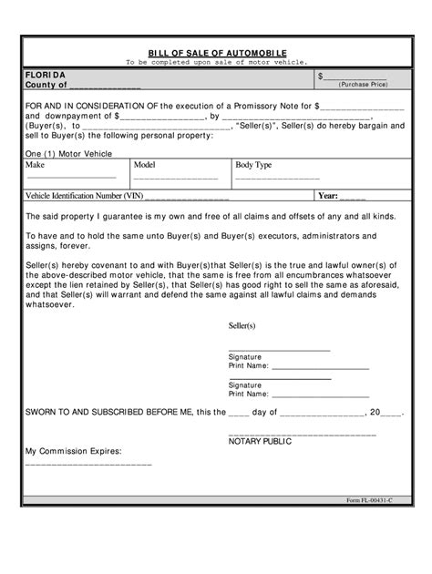 Bill Of Sale Promissory Note Automobile Florida Fill Out And Sign Online