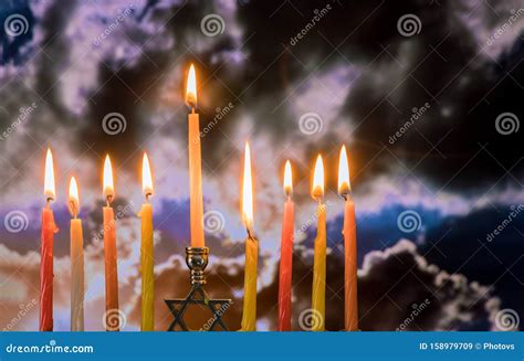 Chanukah Menorah In The Jewish Festival Of Lights Beautiful Sky With