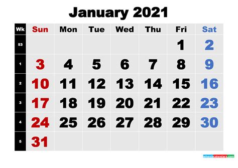 Free Printable January 2021 Calendar Template Word Pdf