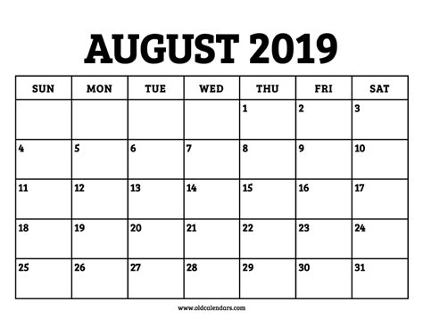 Calendar August 2019 Printable Old Calendars