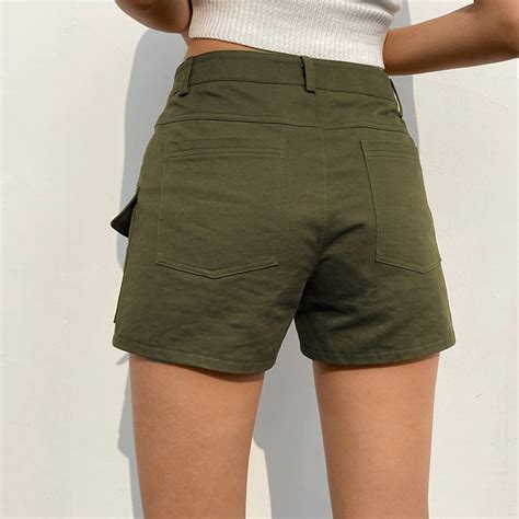 Army Green Solid Colored High Waist Cargo Womens Shorts Etsy