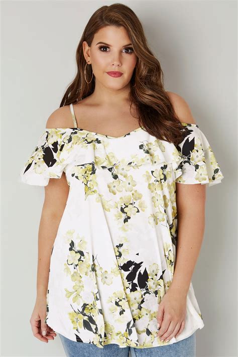 White And Yellow Floral Print Frill Cold Shoulder Top Plus Size 16 To 36