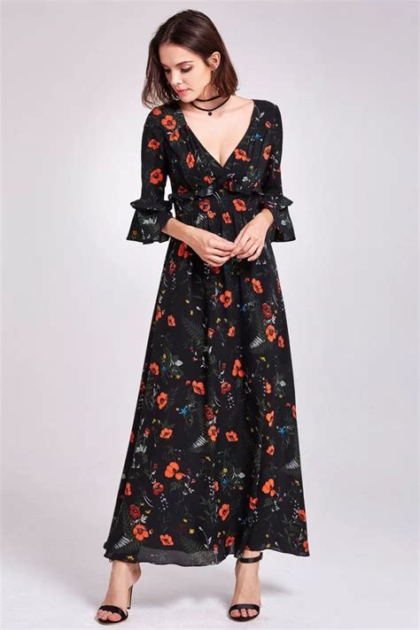 Classy Long Sleeve Floral Print Maxi Dress 48 AS07170BK SheProm Com