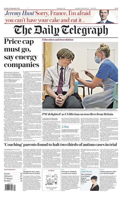 Daily Telegraph Front Page 21st Of September 2021 Tomorrows Papers Today