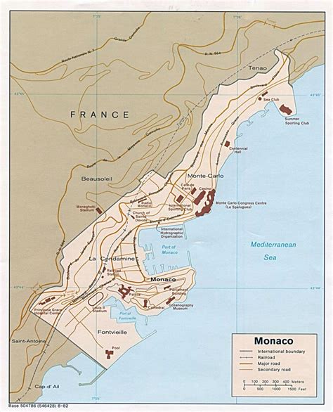 Detallado mapa político de Mónaco con carreteras y ferrocarriles 1982