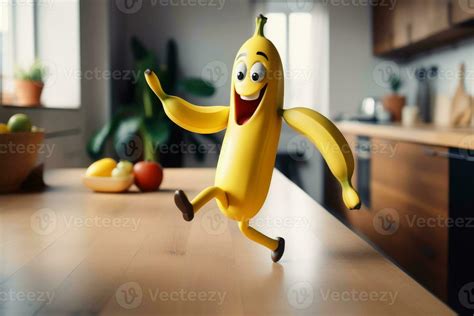 A Smiling Banana With Arm And Legs Running On A Kitchen Table Created