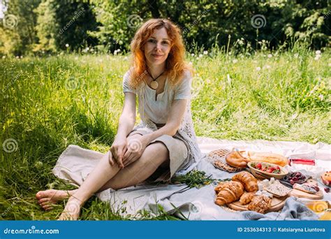 Beautiful Redhead Woman On Picnic She Smiles Eat Strawberrie And