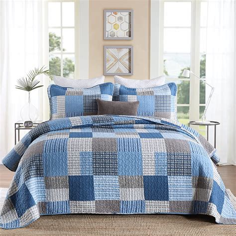 Finlonte Quilt Bedspread Sets Cotton Grey Blue Navy Plaid