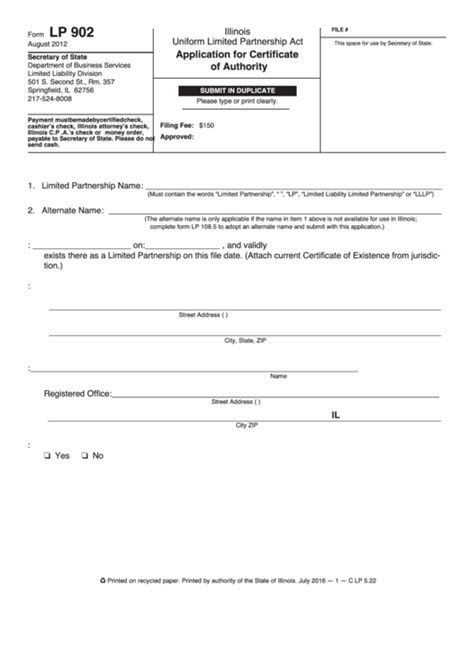 Fillable Form Lp 902 Application For Certificate Of Authority Printable