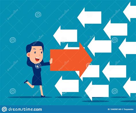 Businesswoman Pushing The Arrow In Opposite Directions Stock Vector