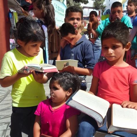 siete niños predicando con la biblia en sus manos en una plaza Arthub ai