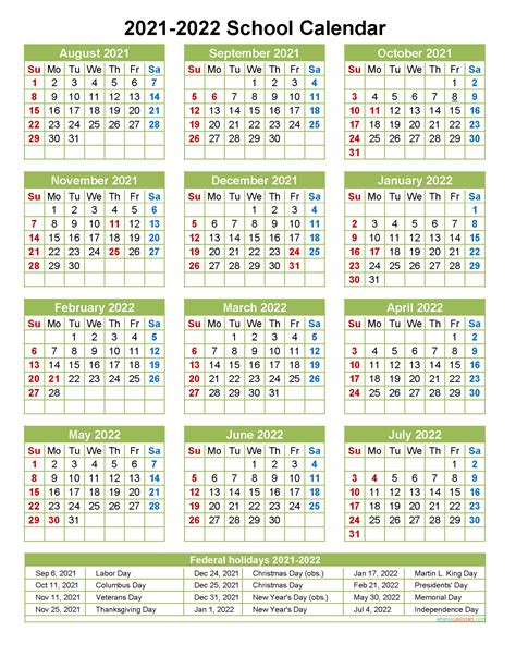 2021 And 2022 School Calendar Printable Portrait Template Noscl22a5