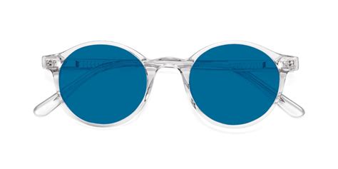 clear narrow acetate round tinted sunglasses with blue sunwear lenses 17519