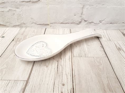 White Ceramic Kitchen Spoon Rest With Floral Heart Detail Etsy
