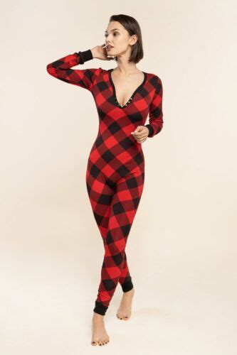 Sexy Pyjama Jumpsuit With Butt Flap Ladies Sleepsuit Onezee Black Red