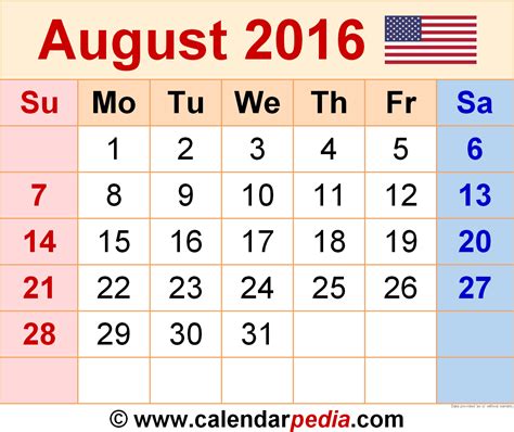 August 2016 Calendar | Templates for Word, Excel and PDF