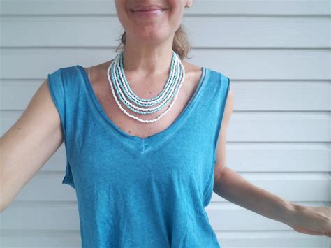 Turquoise And White Beads Multi Strand Layering Choker Necklace On Luulla
