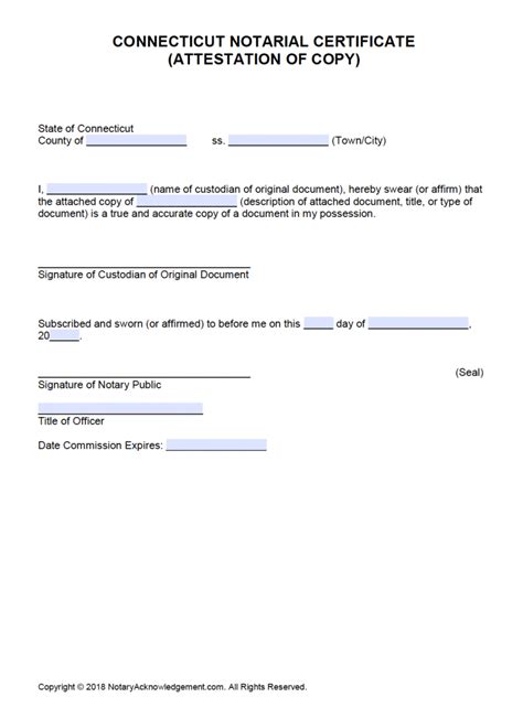Free Connecticut Notarial Certificate Attestation Of Copy Pdf Word