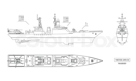 Blueprint Of Military Ship Top Front And Side View Battleship Model