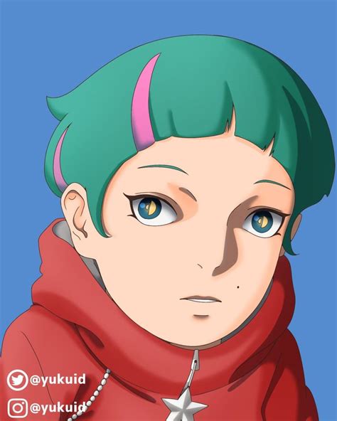 An Anime Character With Green Hair Wearing A Red Hoodie And Star On His Neck