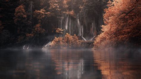 Download Wallpaper 1920x1080 Lake Trees Fog Autumn