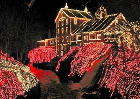 Christmas Lights At Clifton Mill In Ohio Surround The Waterfall Via