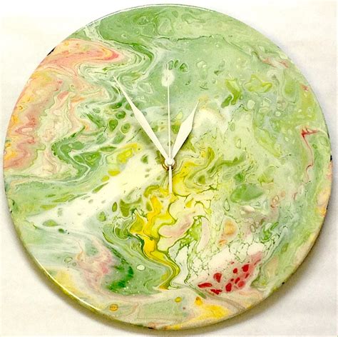 Fluid Acrylic Painted Clock In Green Yellow Pink And White On A