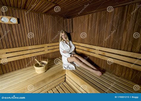 beautiful blond woman relaxing in a sauna stock image image of blond female 170001215